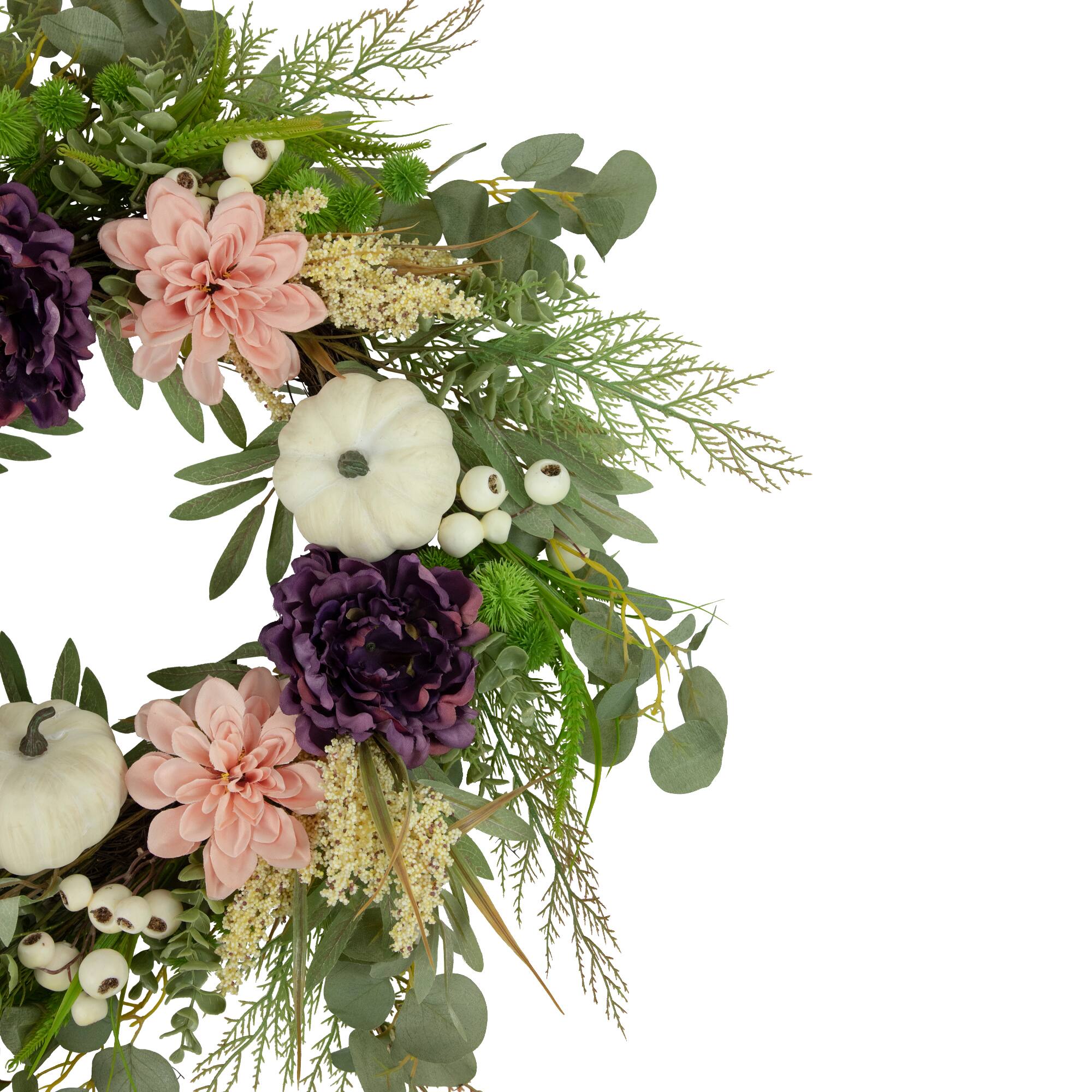 24" Peony & Pumpkin Artificial Fall Harvest Wreath